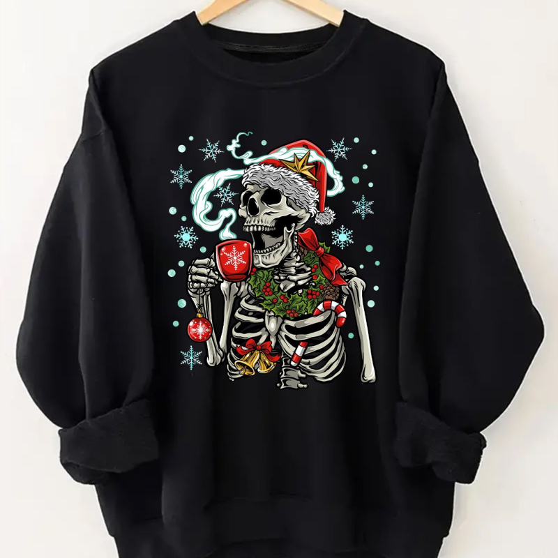 Dámsky vianočný sveter s potlačou lebky, okrúhlym výstrihom a dlhým rukávom, vhodný na jesenné a zimné obdobie, môže byť...