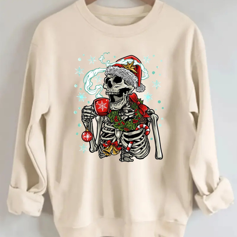 Dámsky vianočný sveter s potlačou lebky, okrúhlym výstrihom a dlhým rukávom, vhodný na jesenné a zimné obdobie, môže byť...