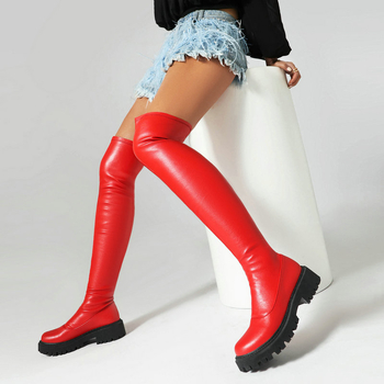 Ghete peste genunchi pentru femei, cizme negre roșii elastice subțiri, cu talpă groasă, toc gros, toc mediu, cizme pentru femei, cizme de cavaler
