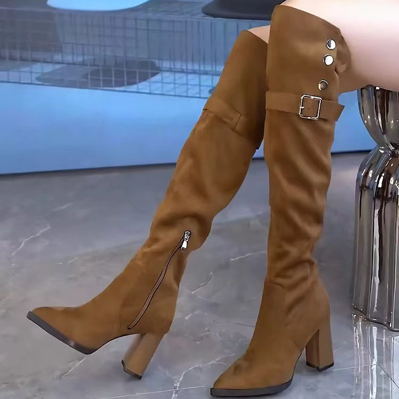 Sieviešu zābaki ar smailiem augstpapēžu papēžiem 2024. gada ziemas jauni divkārši valkājami biezi papēža zābaki pāri ceļgaliem, tievinoši eleganti, pieguļoši zābaki