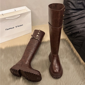 Cizme peste genunchi pentru femei 2024, cizme de cavaler cu toc gros, vintage, cu nituri, la modă