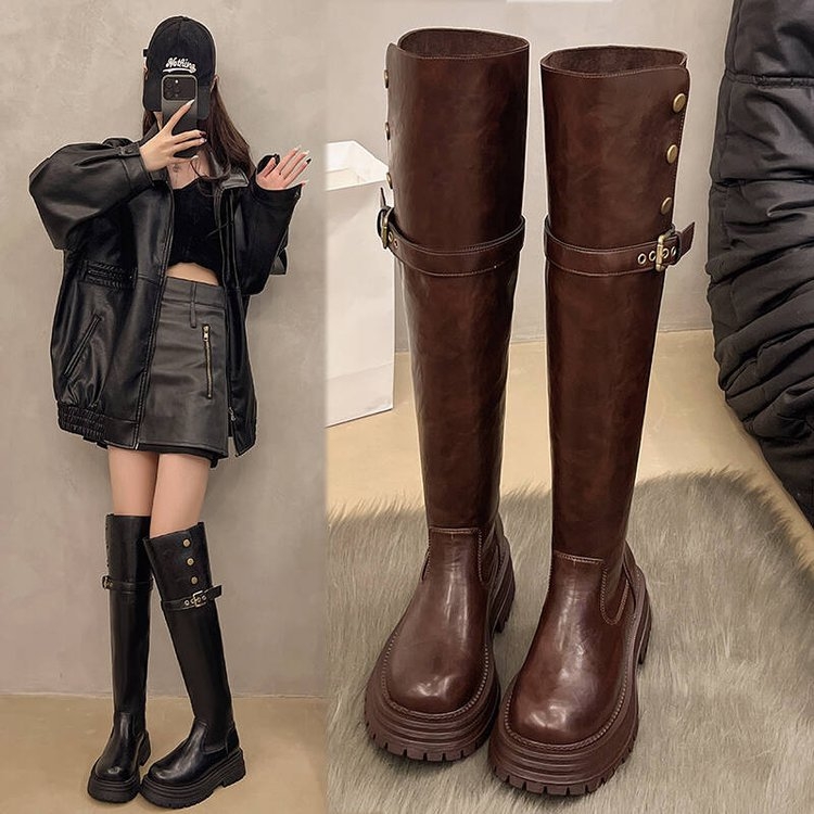 Cizme peste genunchi pentru femei 2024, cizme de cavaler cu toc gros, vintage, cu nituri, la modă
