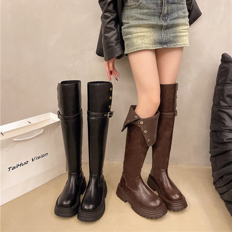 Cizme peste genunchi pentru femei 2024, cizme de cavaler cu toc gros, vintage, cu nituri, la modă