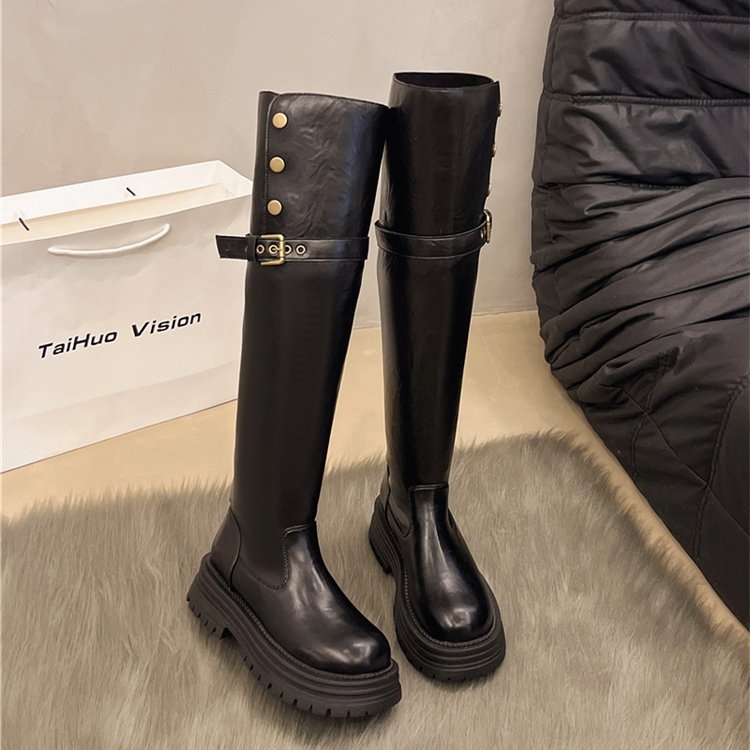 Cizme peste genunchi pentru femei 2024, cizme de cavaler cu toc gros, vintage, cu nituri, la modă