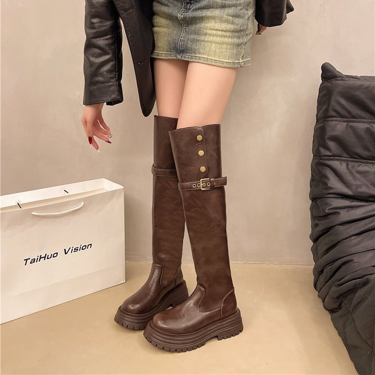 Cizme peste genunchi pentru femei 2024, cizme de cavaler cu toc gros, vintage, cu nituri, la modă