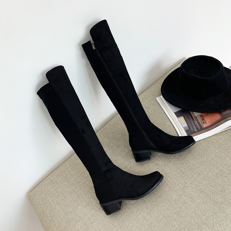 Jesenske i zimske ravne pete s okruglim vrhom, viteške čizme s debelom petom, čizme preko koljena od matirane kože 2024, uske čizme s dugom rastezljivom srednjom petom