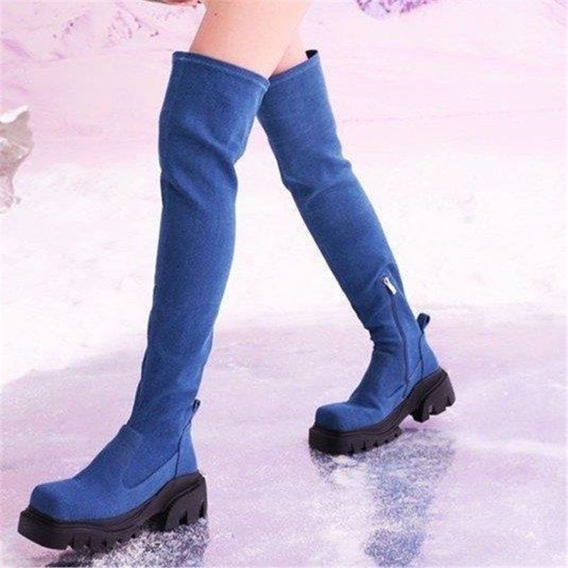 Rastezljive čizme preko koljena s visokom petom za žene, zima 2025., nove europske i američke čizme od brušene kože s debelim potplatom i četvrtastim vrhom za mršavljenje, svestrane modne čizme