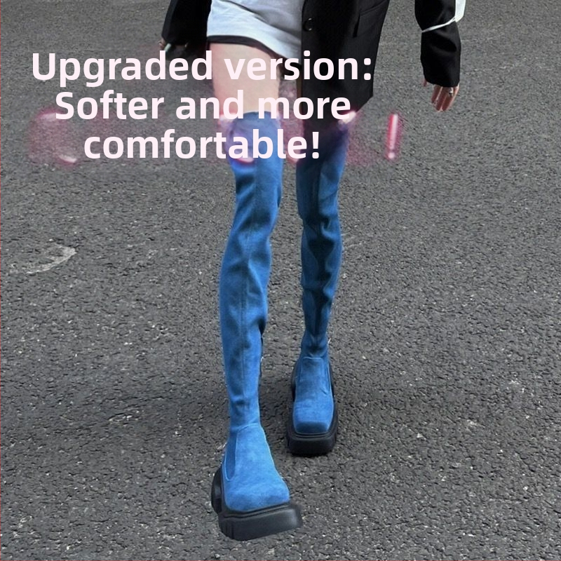 Rastezljive čizme preko koljena s visokom petom za žene, zima 2025., nove europske i američke čizme od brušene kože s debelim potplatom i četvrtastim vrhom za mršavljenje, svestrane modne čizme