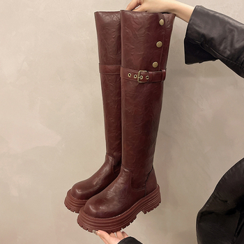 Dámske skladacie dvojdielne čižmy po kolená, jeseň a zima 2024, nový príchod, dlhé čižmy s prackou na opasok, hrubé spodné časti, malé, tenké vysoké čižmy