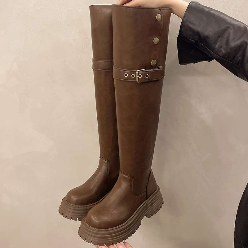 Dámske skladacie dvojdielne čižmy po kolená, jeseň a zima 2024, nový príchod, dlhé čižmy s prackou na opasok, hrubé spodné časti, malé, tenké vysoké čižmy