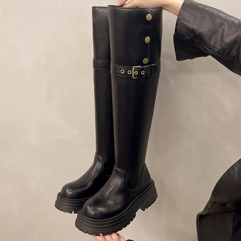 Dámske skladacie dvojdielne čižmy po kolená, jeseň a zima 2024, nový príchod, dlhé čižmy s prackou na opasok, hrubé spodné časti, malé, tenké vysoké čižmy