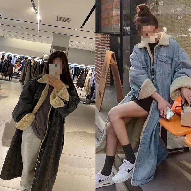 Ilgas medvilninis švarkas moterims virš kelių, korėjietiško stiliaus, laisvas, kasdienis, universalus, tiesaus kirpimo, su fliso pamušalu, pastorintas džinsinis paltas su didelėmis kišenėmis.