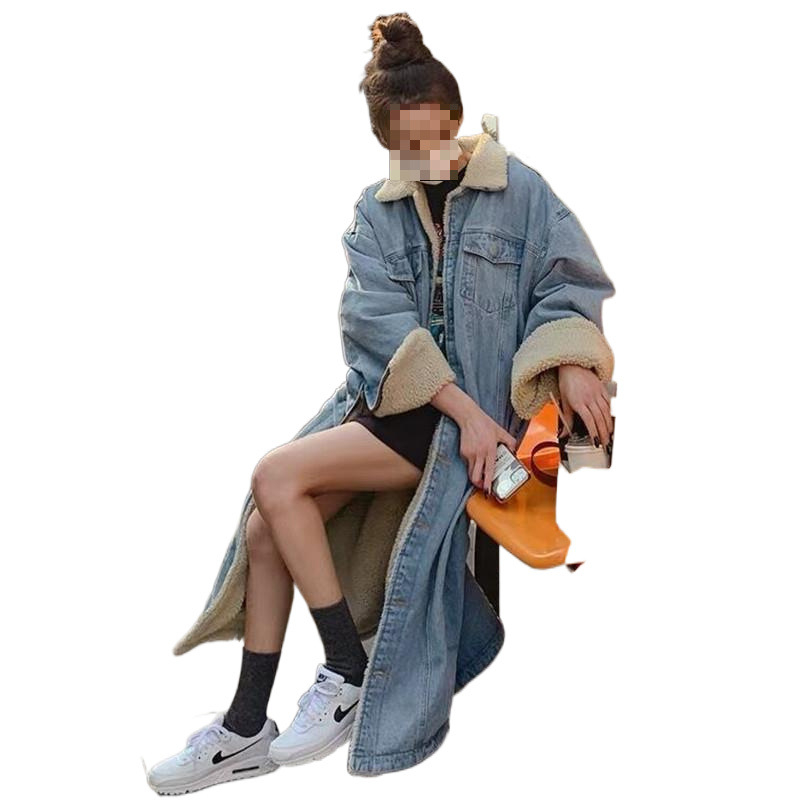 Ilgas medvilninis švarkas moterims virš kelių, korėjietiško stiliaus, laisvas, kasdienis, universalus, tiesaus kirpimo, su fliso pamušalu, pastorintas džinsinis paltas su didelėmis kišenėmis.