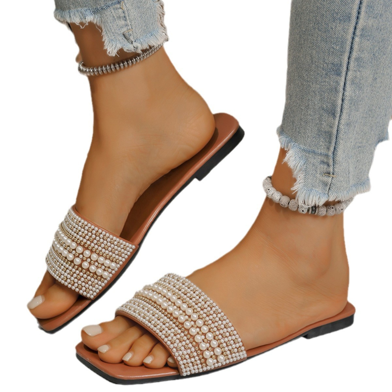 Dámske ploché sandále a papuče Letné nové dámske štvorcové korálkové sandále a papuče s kamienkami 2025