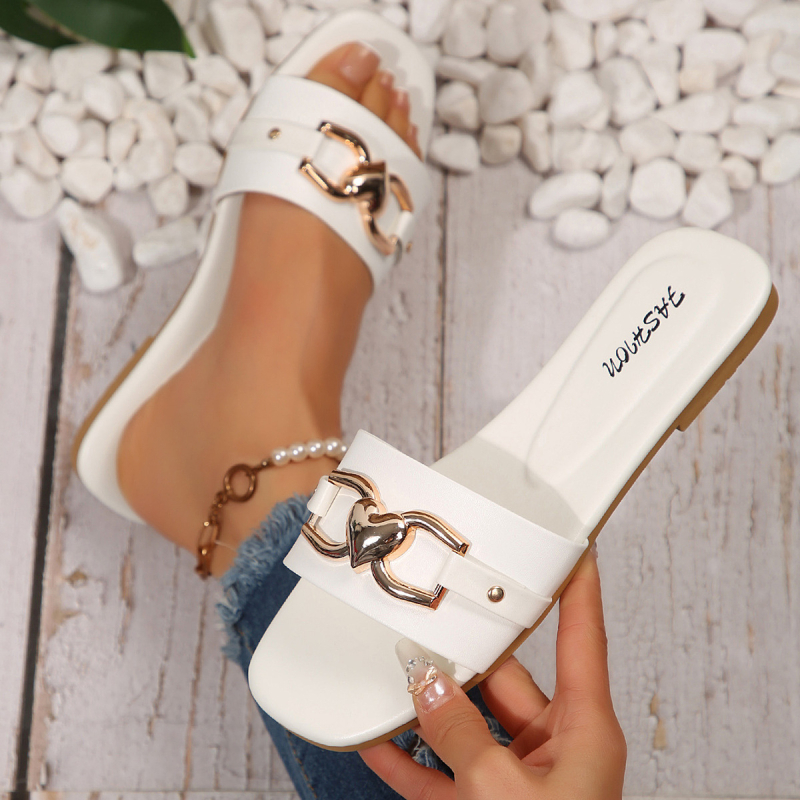 Papuci de damă la modă pentru Ziua Îndrăgostiților, temperament clasic, sandale plate cu vârf pătrat decorativ din metal, culoare solidă, versatile