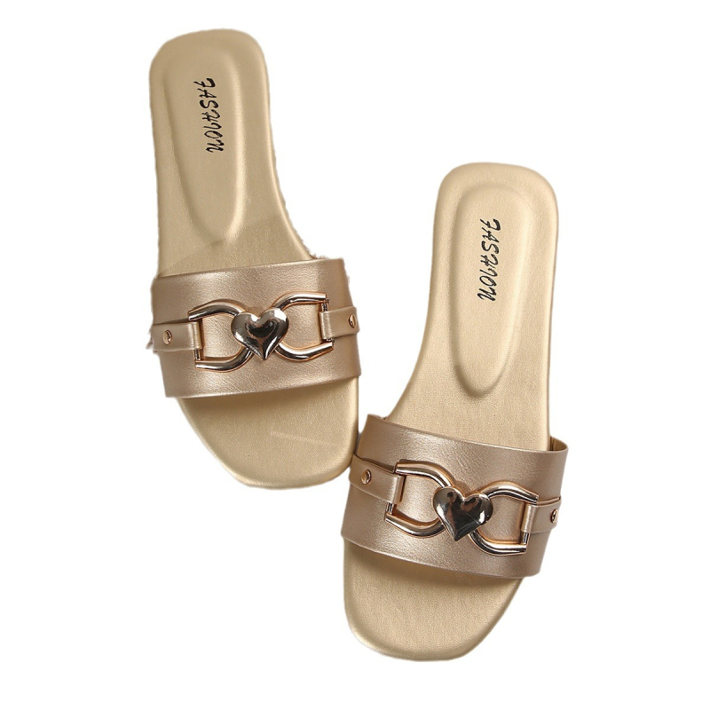 Papuci de damă la modă pentru Ziua Îndrăgostiților, temperament clasic, sandale plate cu vârf pătrat decorativ din metal, culoare solidă, versatile