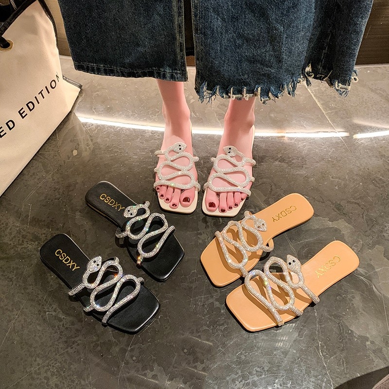 Nove vanjske ravne papuče u obliku zmije s cirkonima, 2024., otporne na habanje, udobne velike vanjske papuče za plažu za žene