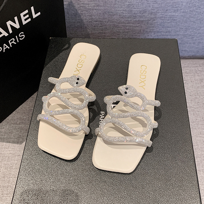 Nove vanjske ravne papuče u obliku zmije s cirkonima, 2024., otporne na habanje, udobne velike vanjske papuče za plažu za žene