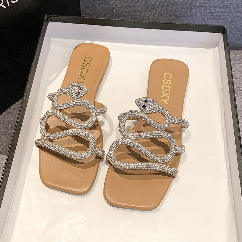 Nove vanjske ravne papuče u obliku zmije s cirkonima, 2024., otporne na habanje, udobne velike vanjske papuče za plažu za žene