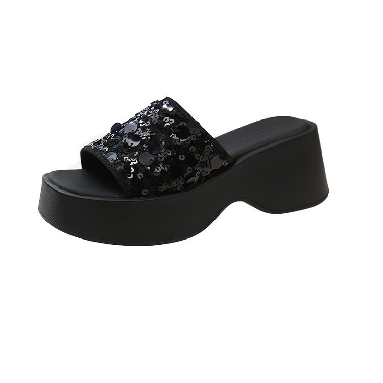 Papuci de damă cu platformă și paiete argintii francezi, vara 2024, eleganți și cu fund gros