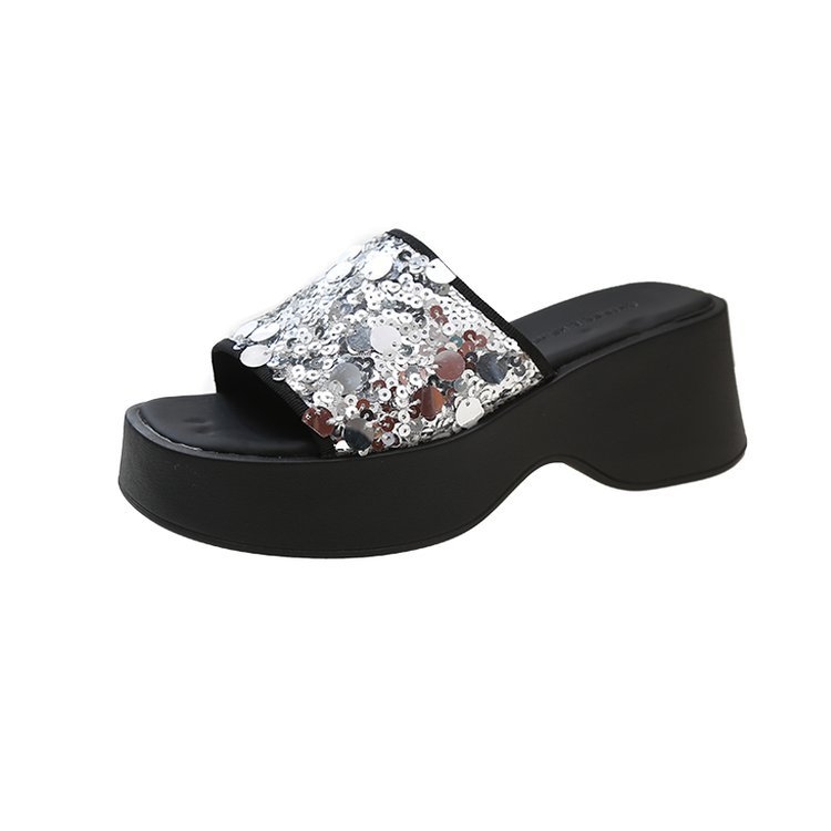 Papuci de damă cu platformă și paiete argintii francezi, vara 2024, eleganți și cu fund gros