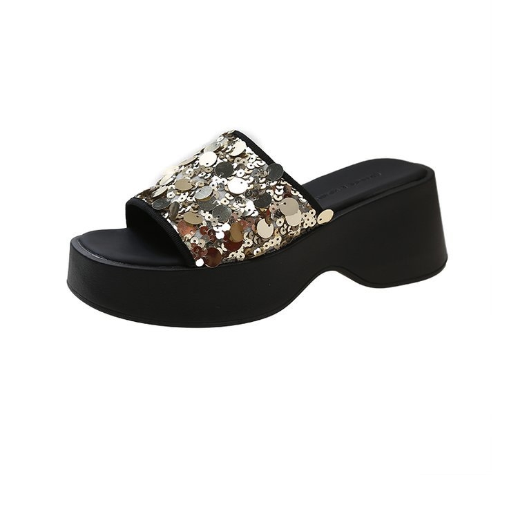 Papuci de damă cu platformă și paiete argintii francezi, vara 2024, eleganți și cu fund gros