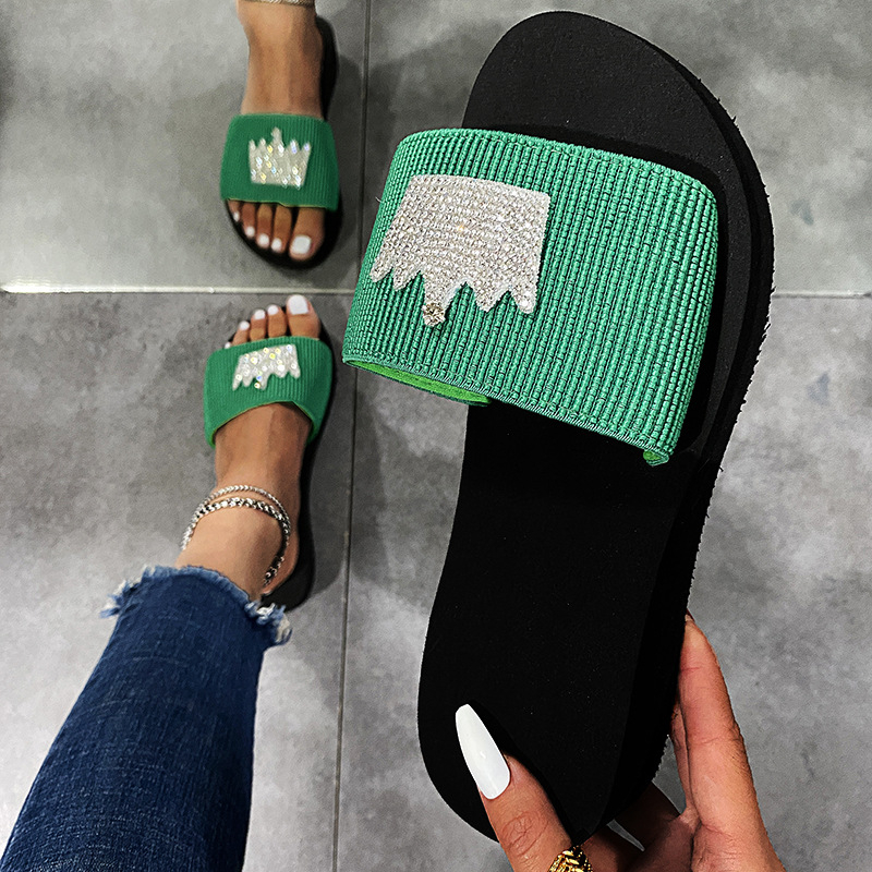 Papuci de damă 2024 vara nouă, faimoase pe internet, bomboane personalizate cu stras, coroană plată, uzură exterioară, papuci cu fund gros