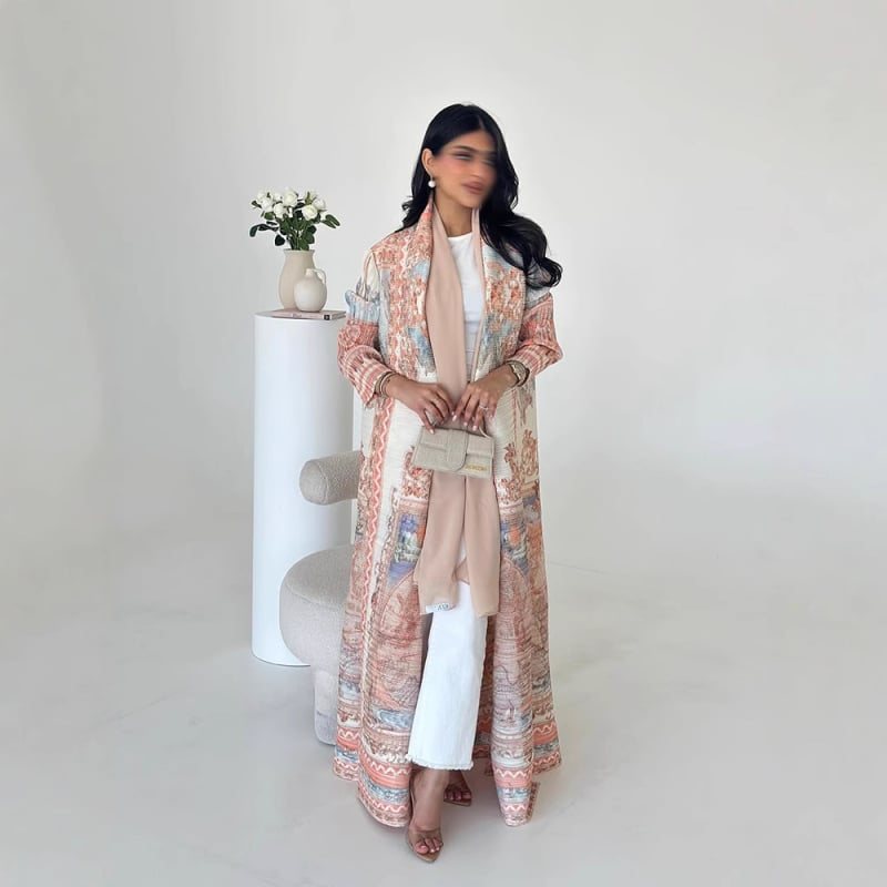 Plus Size Palton de vară pentru femei, halat din Orientul Mijlociu, îmbrăcăminte pentru femei arabe, Issey Miyake, halat plisat cu imprimeu, haină de seară