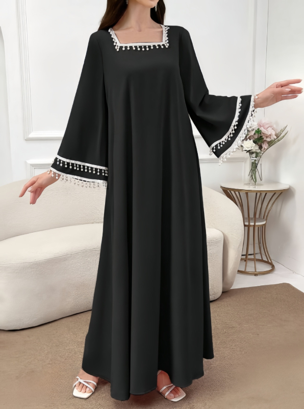 Bliskoistočna elegantna haljina dugih rukava s kvadratnim ovratnikom, zima 2024., novi stil, personalizirana modna haljina s resicama, široki ogrtač