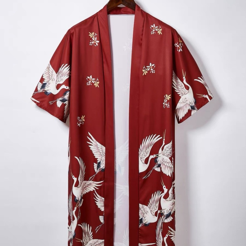 Jauns 2024. gada Amazon ķīniešu stila vīriešu un sieviešu garais dzērvju apdrukas saules aizsardzības Han dinastijas kardigans pāriem, brīvs apmetnis