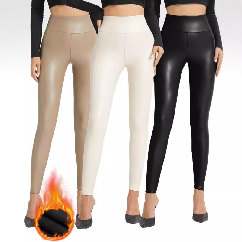 Pantaloni din piele elastici cu patru fețe, model Temu popular, model PU, talie înaltă, stil slăbire, strâmt, toamnă și iarnă, îmbrăcăminte exterioară, căptușită cu fleece, colanți îngroșați