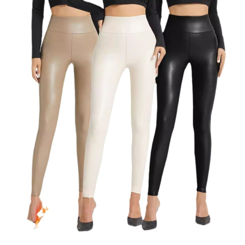Határokon átnyúló Temu Népszerű Pu Nadrág Magas Derekú Karcsúsító Look Feszes Fazonú Őszi és Téli Felsőruházat Polár Bélelt Vastagított Leggings Négy Oldalt Elasztikus Bőr Nadrág