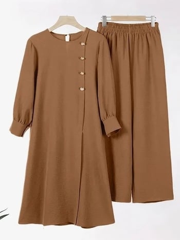 2024. aasta Lähis-Ida mosleminaiste kaheosaline moodne elegantne ühevärviline küljelõhega pikk särk laiade jalgadega püksid hommikumantel