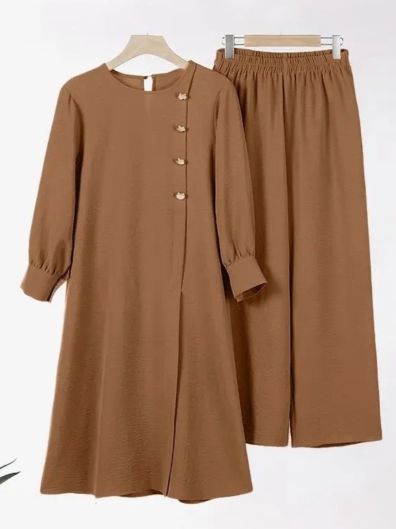 2024. aasta Lähis-Ida mosleminaiste kaheosaline moodne elegantne ühevärviline küljelõhega pikk särk laiade jalgadega püksid hommikumantel