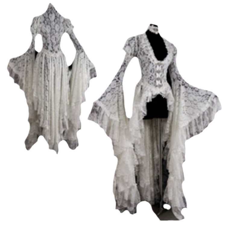 Dámske šaty s dlhým zvonovým rukávom a dutým prešívaním v štýle krížového zrkadla, vintage čipkované vyšívané