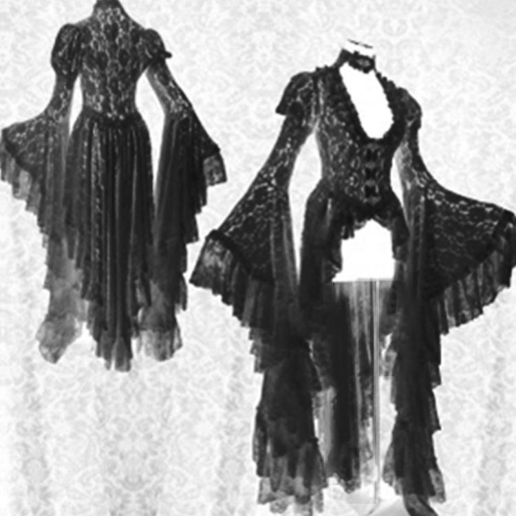 Dámske šaty s dlhým zvonovým rukávom a dutým prešívaním v štýle krížového zrkadla, vintage čipkované vyšívané