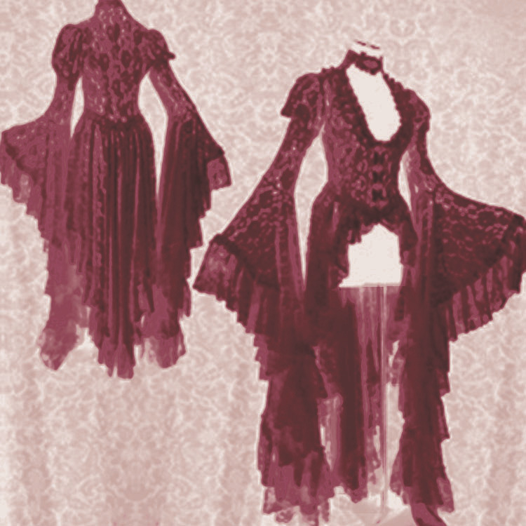 Dámske šaty s dlhým zvonovým rukávom a dutým prešívaním v štýle krížového zrkadla, vintage čipkované vyšívané