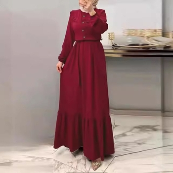 M2228 Muslimanska ženska odjeća Amazon Jesenska nova čista boja s visokim ovratnikom i remenom, modna nabrana haljina