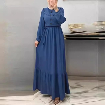 M2228 Muslimanska ženska odjeća Amazon Jesenska nova čista boja s visokim ovratnikom i remenom, modna nabrana haljina