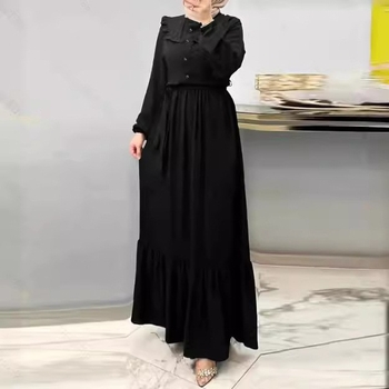 M2228 Muslimanska ženska odjeća Amazon Jesenska nova čista boja s visokim ovratnikom i remenom, modna nabrana haljina
