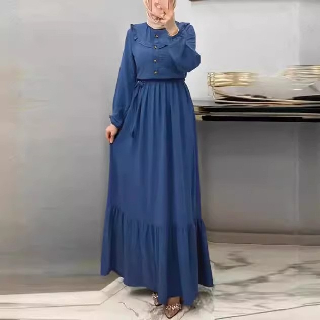 M2228 Muslimanska ženska odjeća Amazon Jesenska nova čista boja s visokim ovratnikom i remenom, modna nabrana haljina