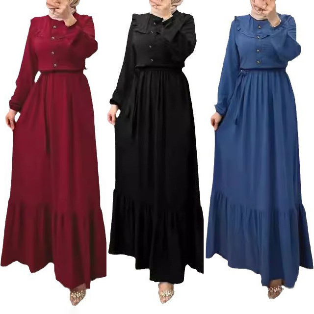 M2228 Muslimanska ženska odjeća Amazon Jesenska nova čista boja s visokim ovratnikom i remenom, modna nabrana haljina