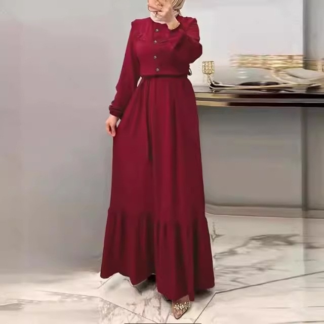 M2228 Muslimanska ženska odjeća Amazon Jesenska nova čista boja s visokim ovratnikom i remenom, modna nabrana haljina