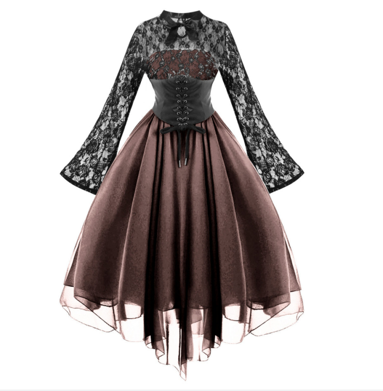 Rochie elegantă în stil gotic pentru femei, cu mâneci lungi, din șifon, cu cusături din dantelă, 2023