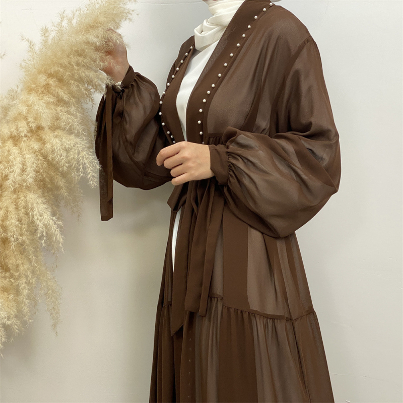 Arab Törökország Közel-Kelet Divat Elegáns, Tiszta Színű, Gyöngyös Muszlim Fűzős Sifon Kardigán Köntös 1964