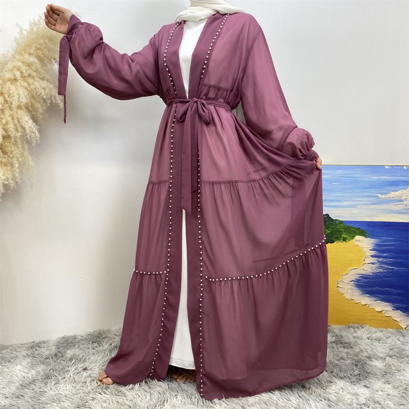 Arab Törökország Közel-Kelet Divat Elegáns, Tiszta Színű, Gyöngyös Muszlim Fűzős Sifon Kardigán Köntös 1964