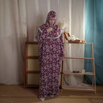 Плюс размер Удобно дишащо дамско облекло Мюсюлманско женско традиционно дантелено шапка Целоетажна молитвена рокля Модна рокля с щампа