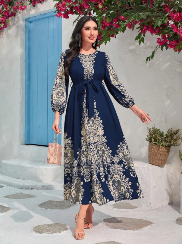 Dámske šaty v štýle paláca, jeseň 2023, nové, vintage, potlačené, štýlové, s nafúknutými rukávmi, elegantné, jemné, dlhé šaty