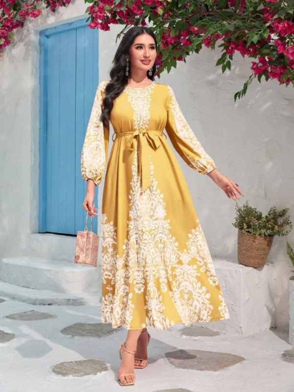 Dámske šaty v štýle paláca, jeseň 2023, nové, vintage, potlačené, štýlové, s nafúknutými rukávmi, elegantné, jemné, dlhé šaty