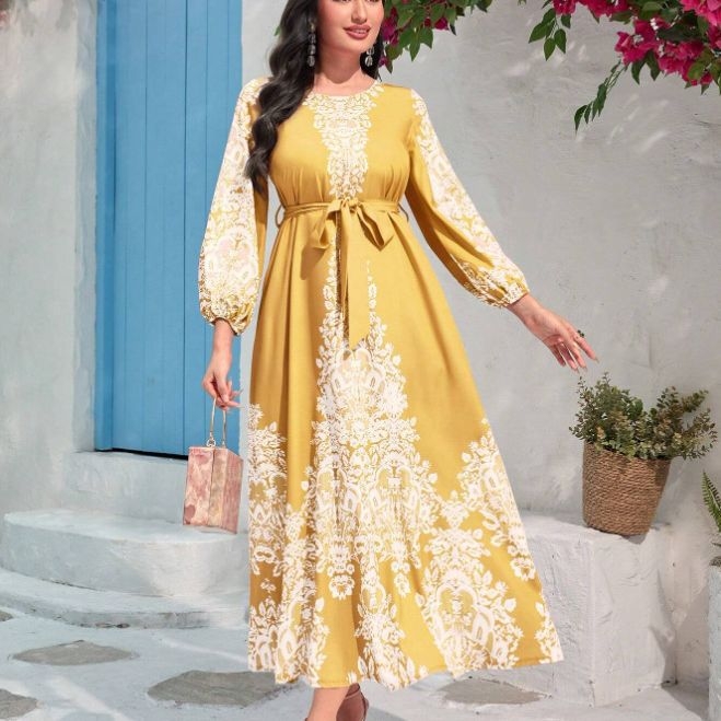 Dámske šaty v štýle paláca, jeseň 2023, nové, vintage, potlačené, štýlové, s nafúknutými rukávmi, elegantné, jemné, dlhé šaty